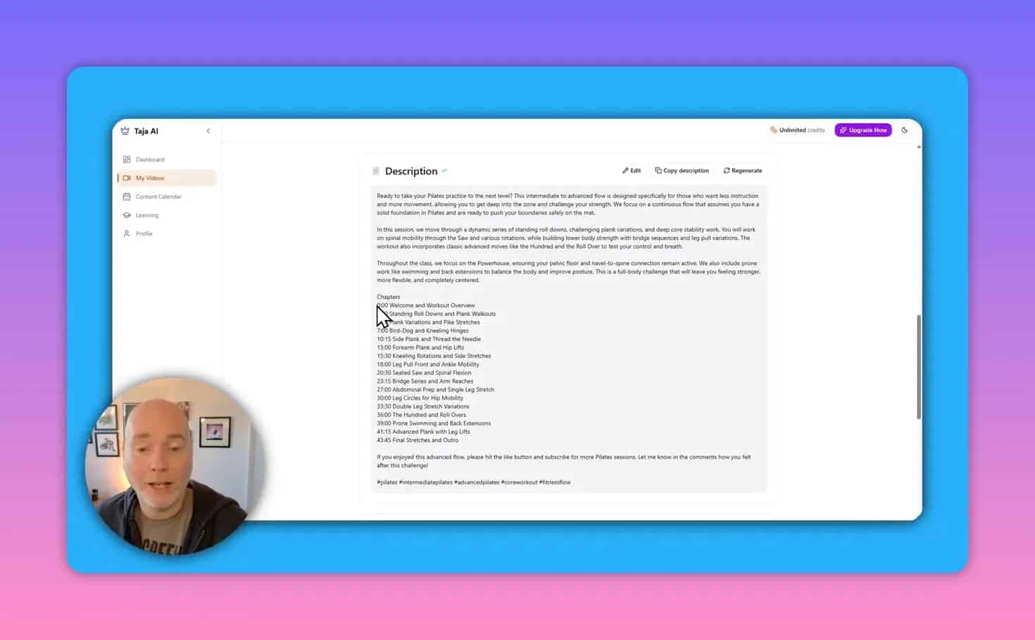 Taja AI description and chapters timestamps section with cursor pointing at chapter markers