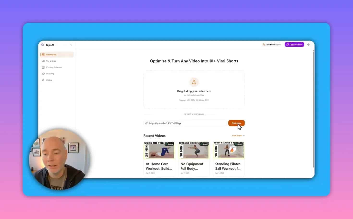 Taja AI dashboard with YouTube URL pasted and Optimize button ready