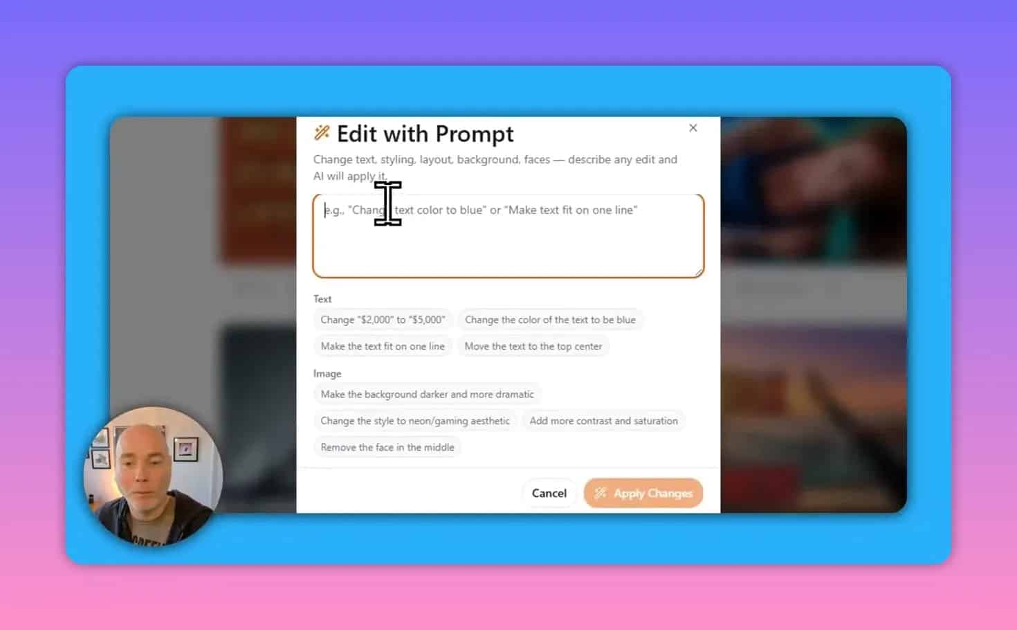 Taja AI 'Edit with Prompt' dialog for adjusting thumbnail text and image style