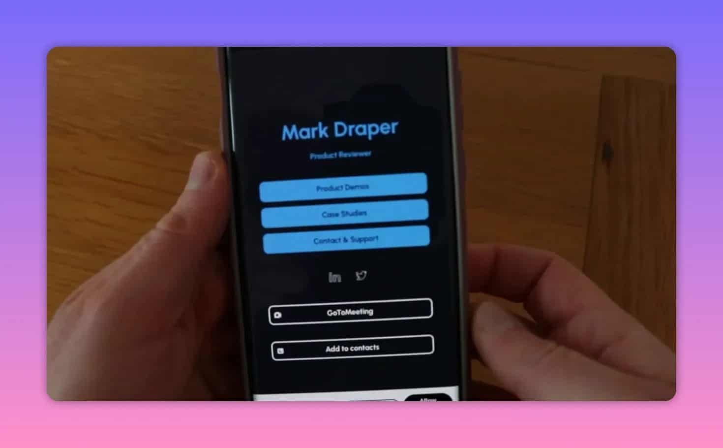 Phone screen showing Wisery digital business card with booking and add-to-contacts buttons