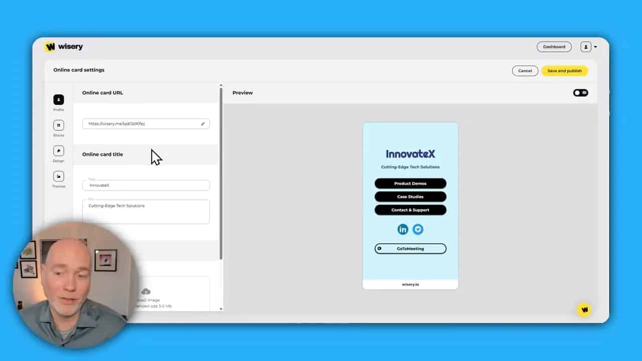 Wisery dashboard showing online card settings and a preview of a branded business card layout