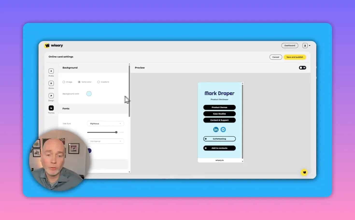 Wisery online card settings preview showing background and theme controls