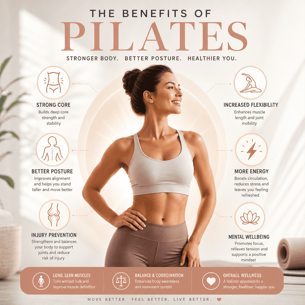 Woman in workout attire stands smiling with hand on hip; surrounding icons and text highlight physical and mental benefits of Pilates, such as core strength, flexibility, posture, and wellbeing.