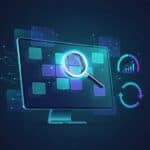 Abstract illustration of an AI-assisted domain flipping workflow with glowing digital tiles, magnifying glass for discovery, valuation gauge, and arrows showing buy, hold, and sell—no text.
