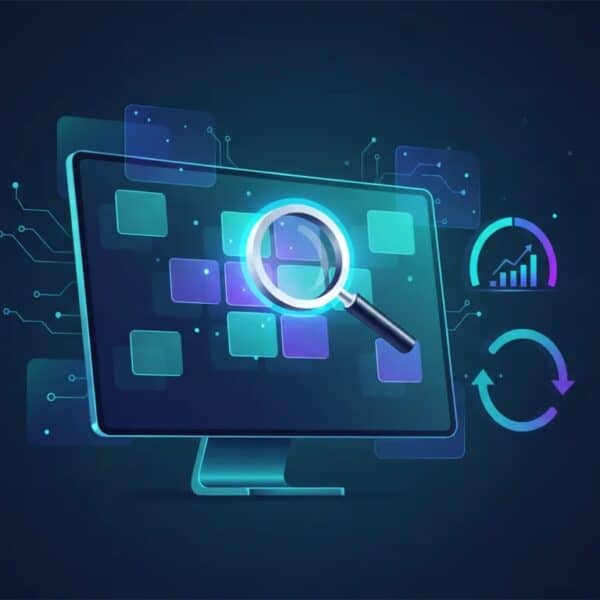 Abstract illustration of an AI-assisted domain flipping workflow with glowing digital tiles, magnifying glass for discovery, valuation gauge, and arrows showing buy, hold, and sell—no text.