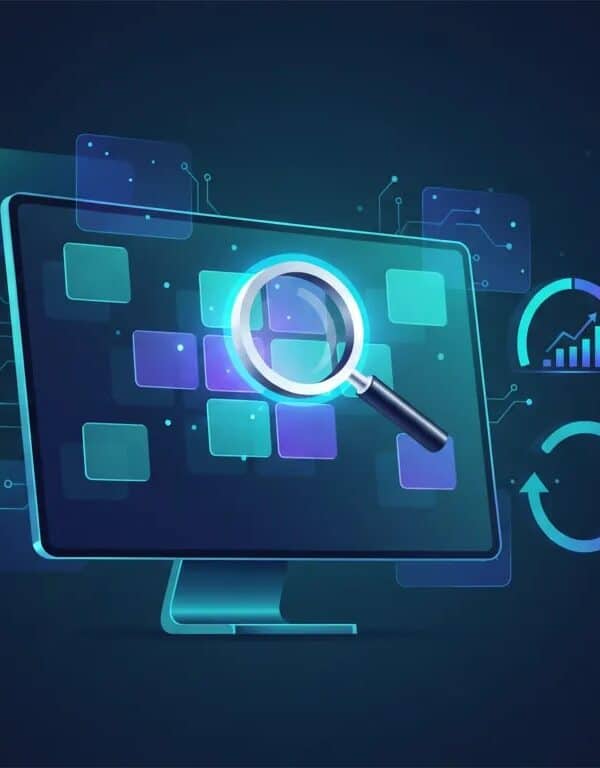 Abstract illustration of an AI-assisted domain flipping workflow with glowing digital tiles, magnifying glass for discovery, valuation gauge, and arrows showing buy, hold, and sell—no text.