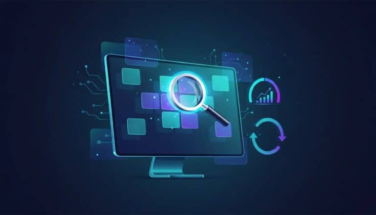 Abstract illustration of an AI-assisted domain flipping workflow with glowing digital tiles, magnifying glass for discovery, valuation gauge, and arrows showing buy, hold, and sell—no text.