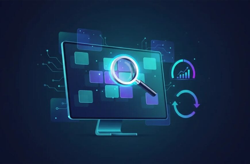 Abstract illustration of an AI-assisted domain flipping workflow with glowing digital tiles, magnifying glass for discovery, valuation gauge, and arrows showing buy, hold, and sell—no text.