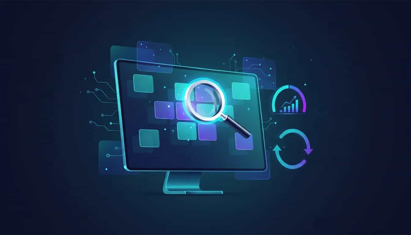 Abstract illustration of an AI-assisted domain flipping workflow with glowing digital tiles, magnifying glass for discovery, valuation gauge, and arrows showing buy, hold, and sell—no text.