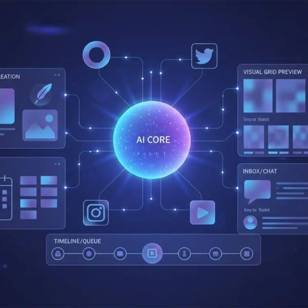 Illustration of an AI social media management dashboard with content creation, scheduling, visual previews, and automated inbox connections shown through connected panels and icons.