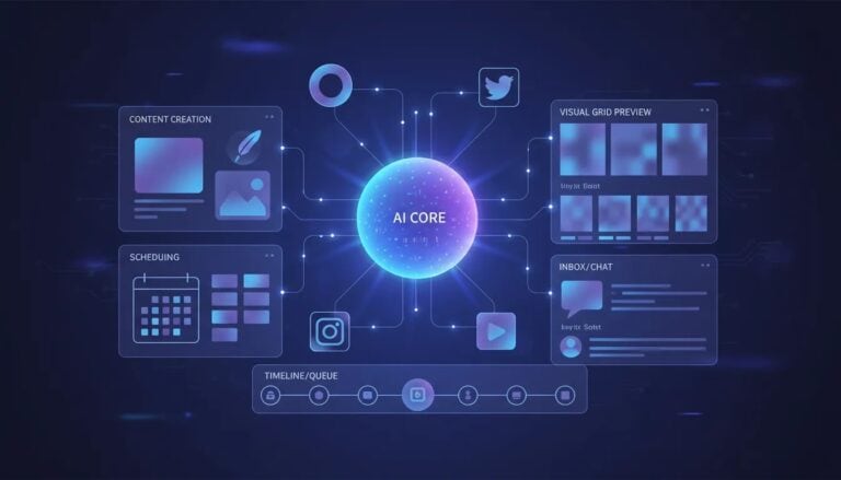 Illustration of an AI social media management dashboard with content creation, scheduling, visual previews, and automated inbox connections shown through connected panels and icons.