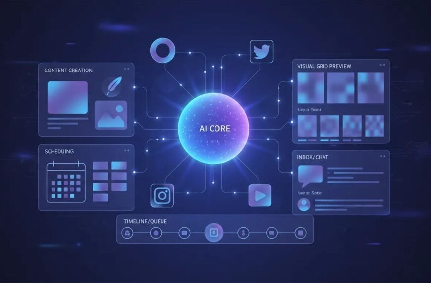 Illustration of an AI social media management dashboard with content creation, scheduling, visual previews, and automated inbox connections shown through connected panels and icons.