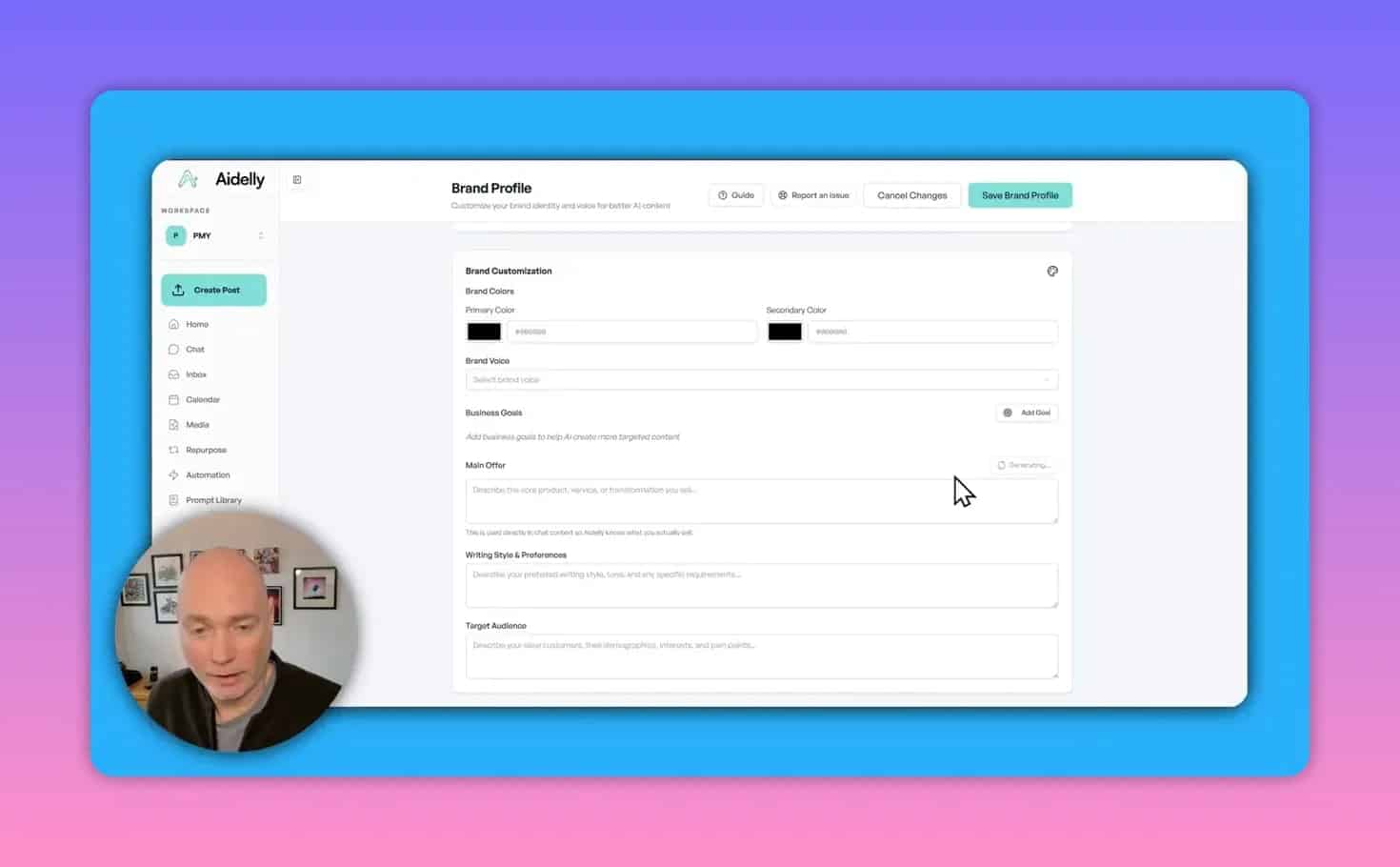 Aidelly brand profile setup screen showing main offer, writing style preferences, and target audience