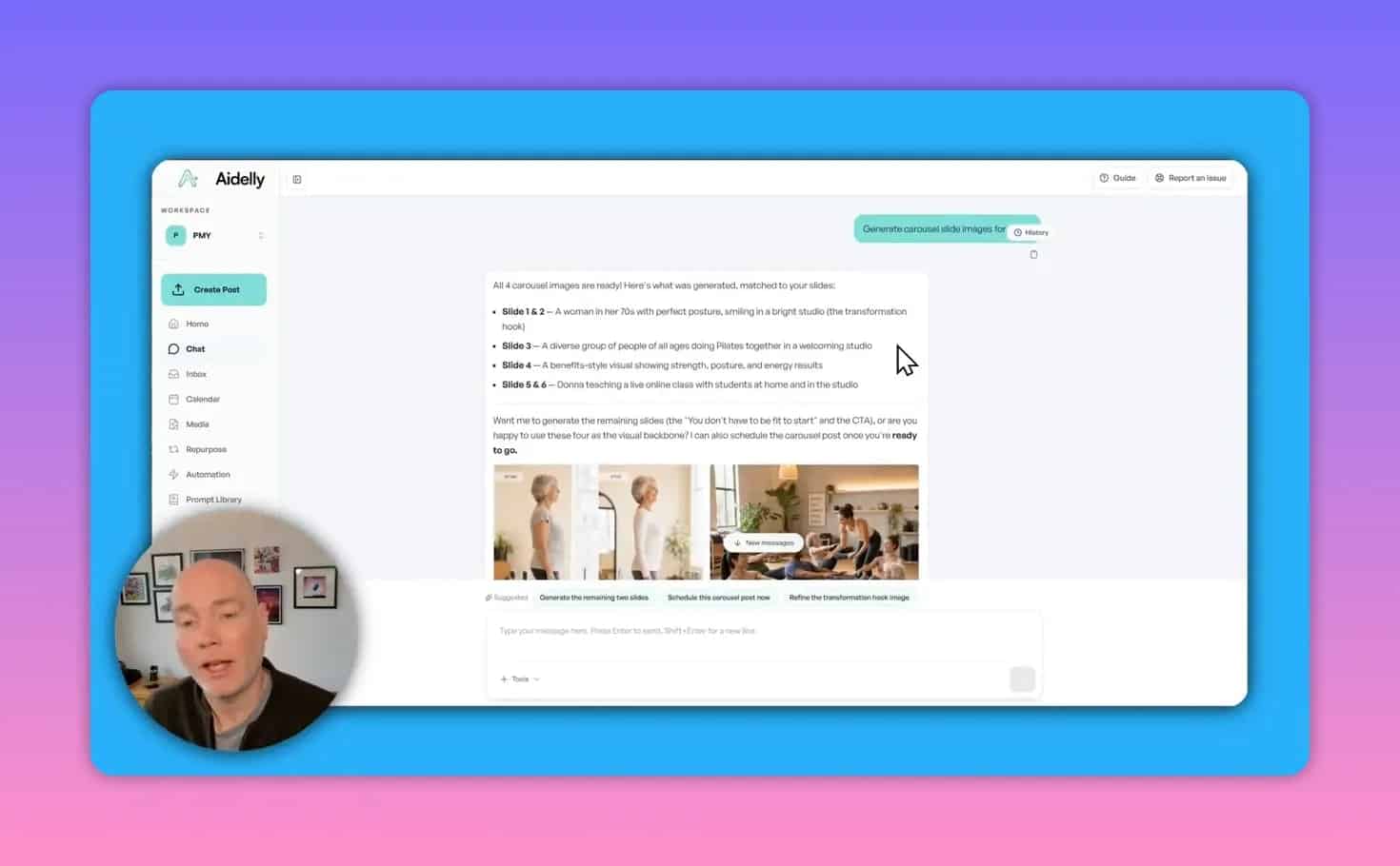 Aidelly carousel slide image generation with slide descriptions and generated visuals
