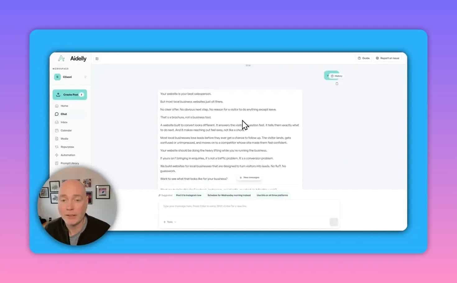 Aidelly chat interface showing generated marketing content and platform suggestions