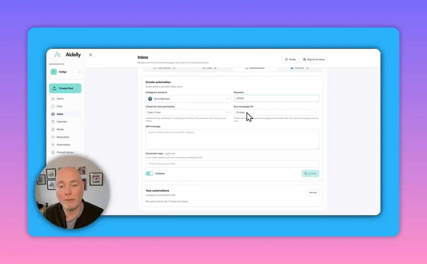 Aidelly inbox automation settings showing keyword trigger and campaign duration for automated DMs