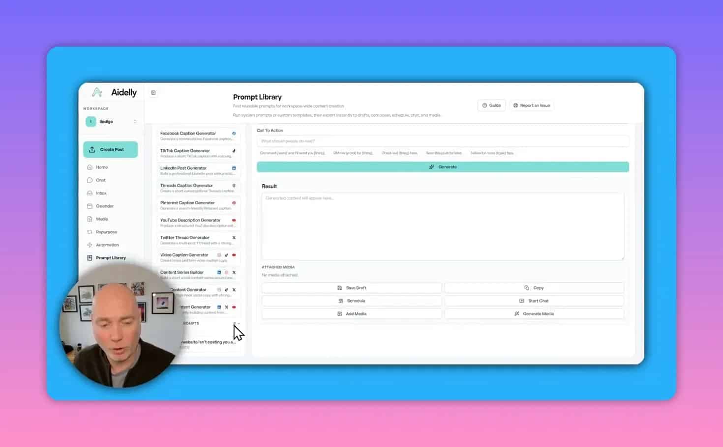 Aidelly prompt library with multiple social caption generator templates including Facebook and TikTok