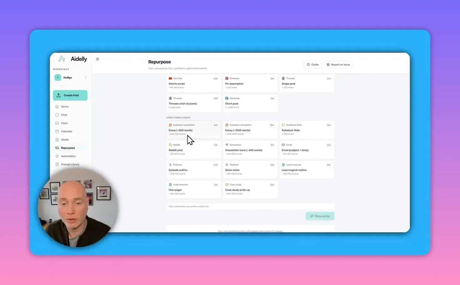 Aidelly repurpose interface showing non-social destinations such as newsletters, email, and lead magnet content