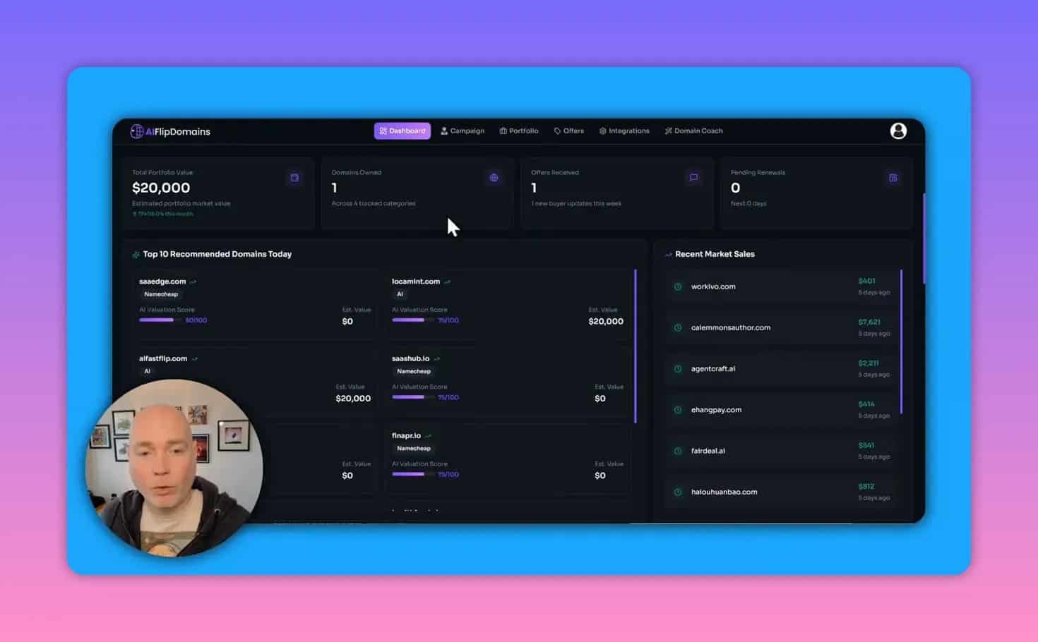 AIFlipDomains dashboard displaying portfolio value, top recommended domains, and recent market sales
