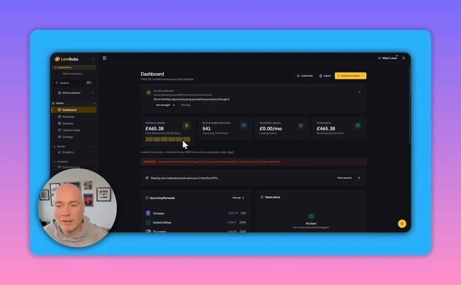 LemSubs dashboard showing monthly spend, active subscriptions, potential waste, and this month totals