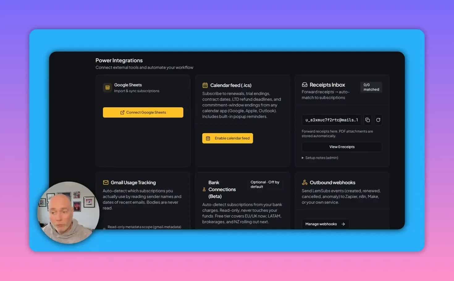 LemSubs Power Integrations overview showing Google Sheets, calendar feed, receipts inbox, Gmail usage tracking, bank connections, and webhooks