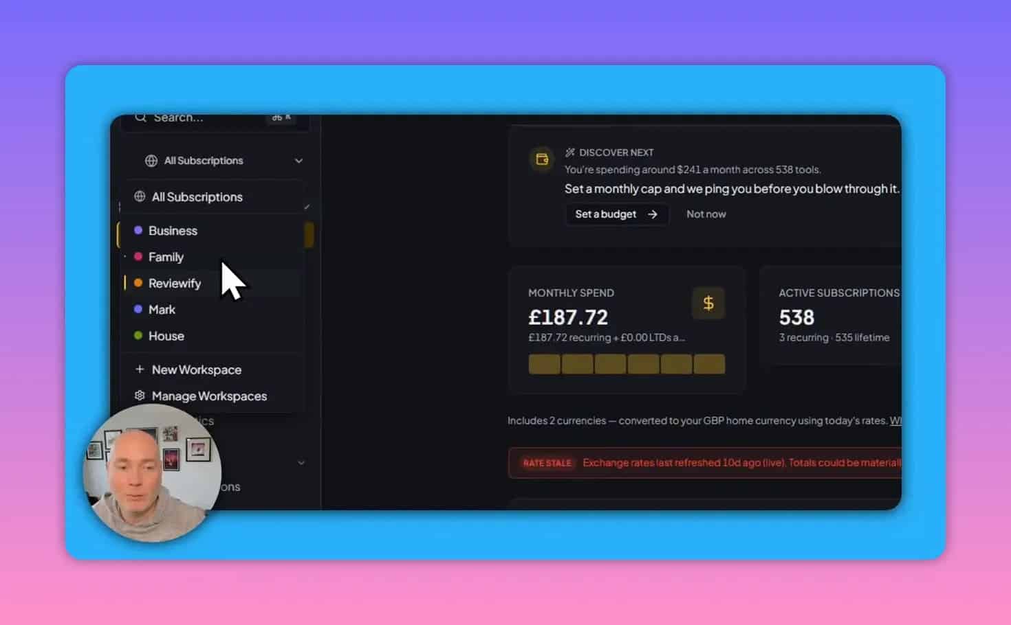LemSubs navigation sidebar with workspace selection and dashboard metrics