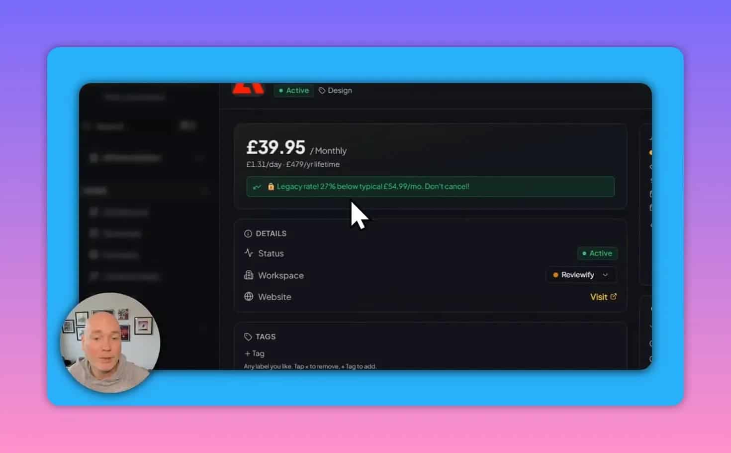 LemSubs subscription detail view zoomed in on monthly price, status, workspace, and website fields