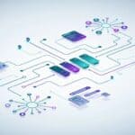 Illustration of an AI workflow workspace on an infinite canvas with connected nodes, agent icons, and transforming content panels.