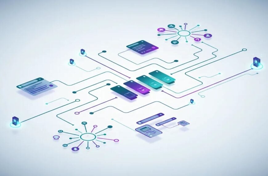 Illustration of an AI workflow workspace on an infinite canvas with connected nodes, agent icons, and transforming content panels.
