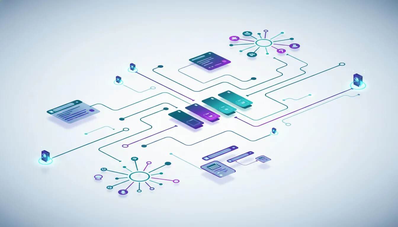 Illustration of an AI workflow workspace on an infinite canvas with connected nodes, agent icons, and transforming content panels.