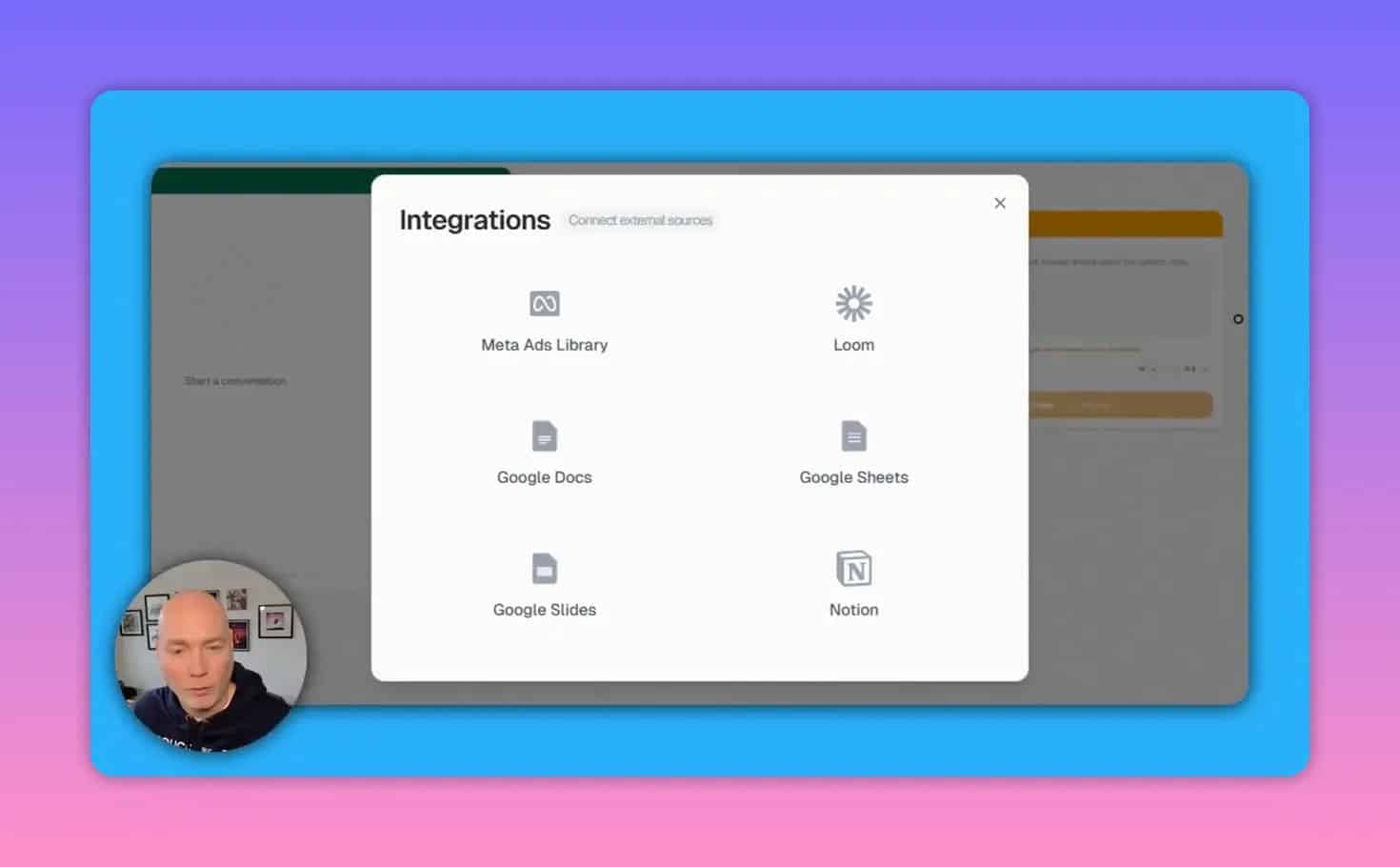 Remalt integrations list including Meta Ads Library, Loom, Google Docs, Google Sheets, Google Slides, and Notion