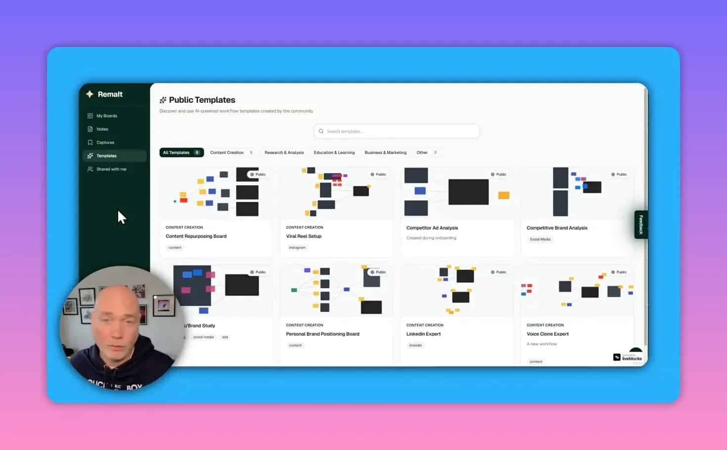 Remalt Public Templates gallery showing content creation and competitor analysis boards