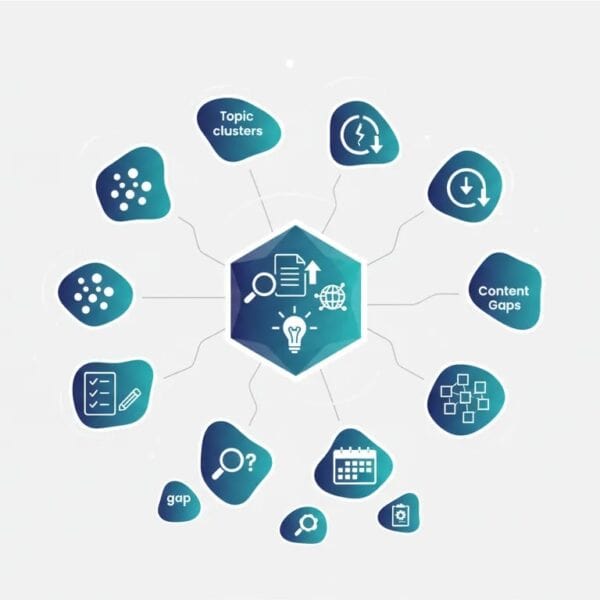 Abstract illustration showing an SEO topical map workflow with connected topic clusters, content planning roadmap, and content gap detection icons.