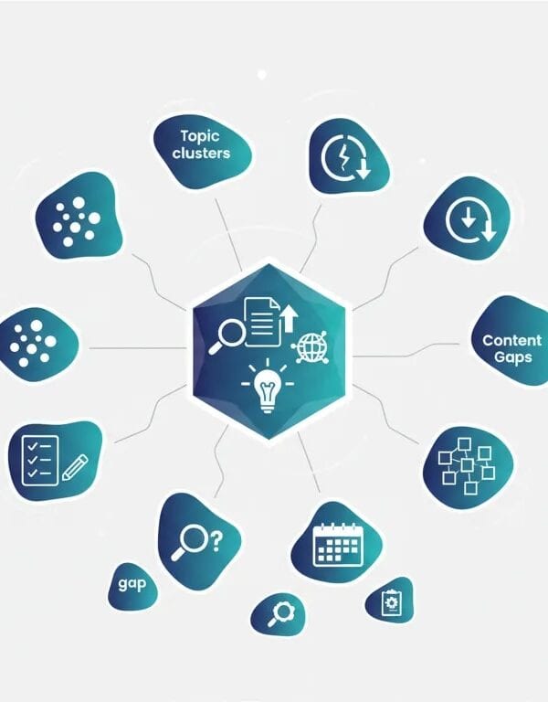 Abstract illustration showing an SEO topical map workflow with connected topic clusters, content planning roadmap, and content gap detection icons.