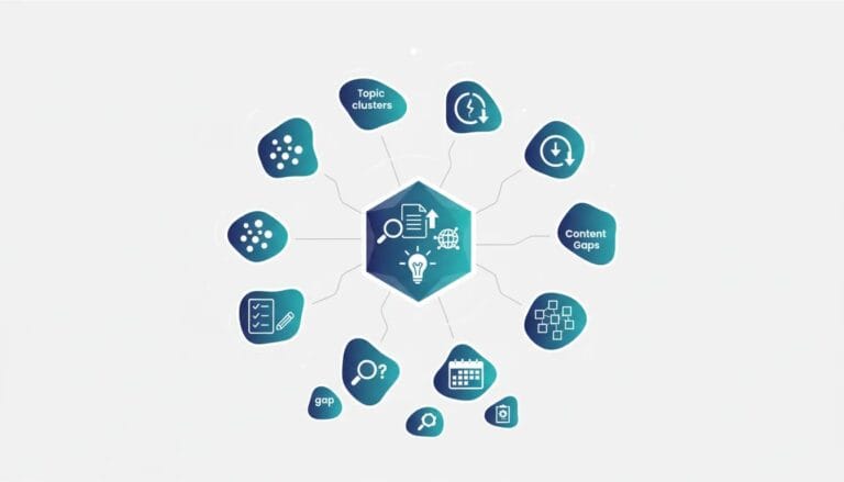 Abstract illustration showing an SEO topical map workflow with connected topic clusters, content planning roadmap, and content gap detection icons.