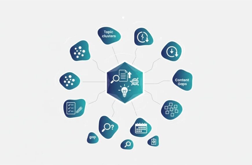 Abstract illustration showing an SEO topical map workflow with connected topic clusters, content planning roadmap, and content gap detection icons.
