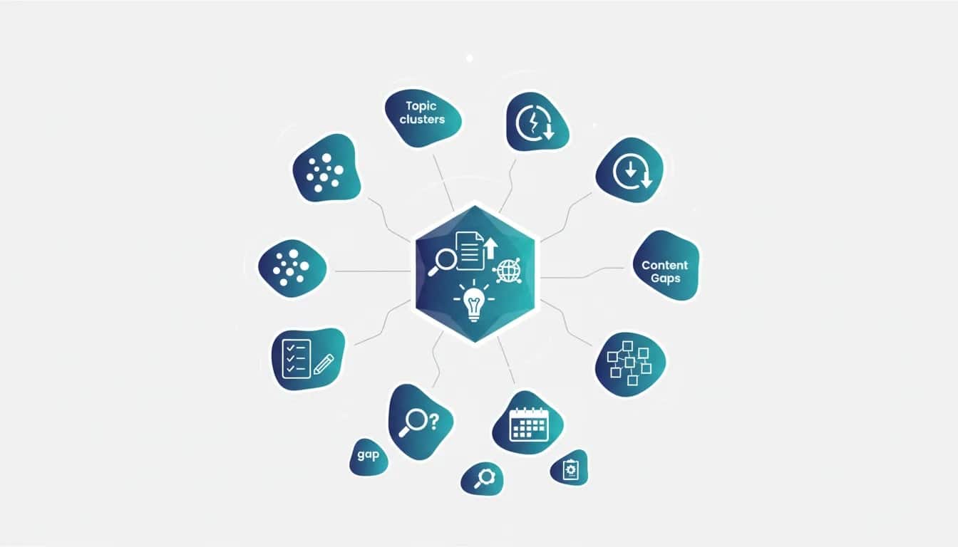 Abstract illustration showing an SEO topical map workflow with connected topic clusters, content planning roadmap, and content gap detection icons.