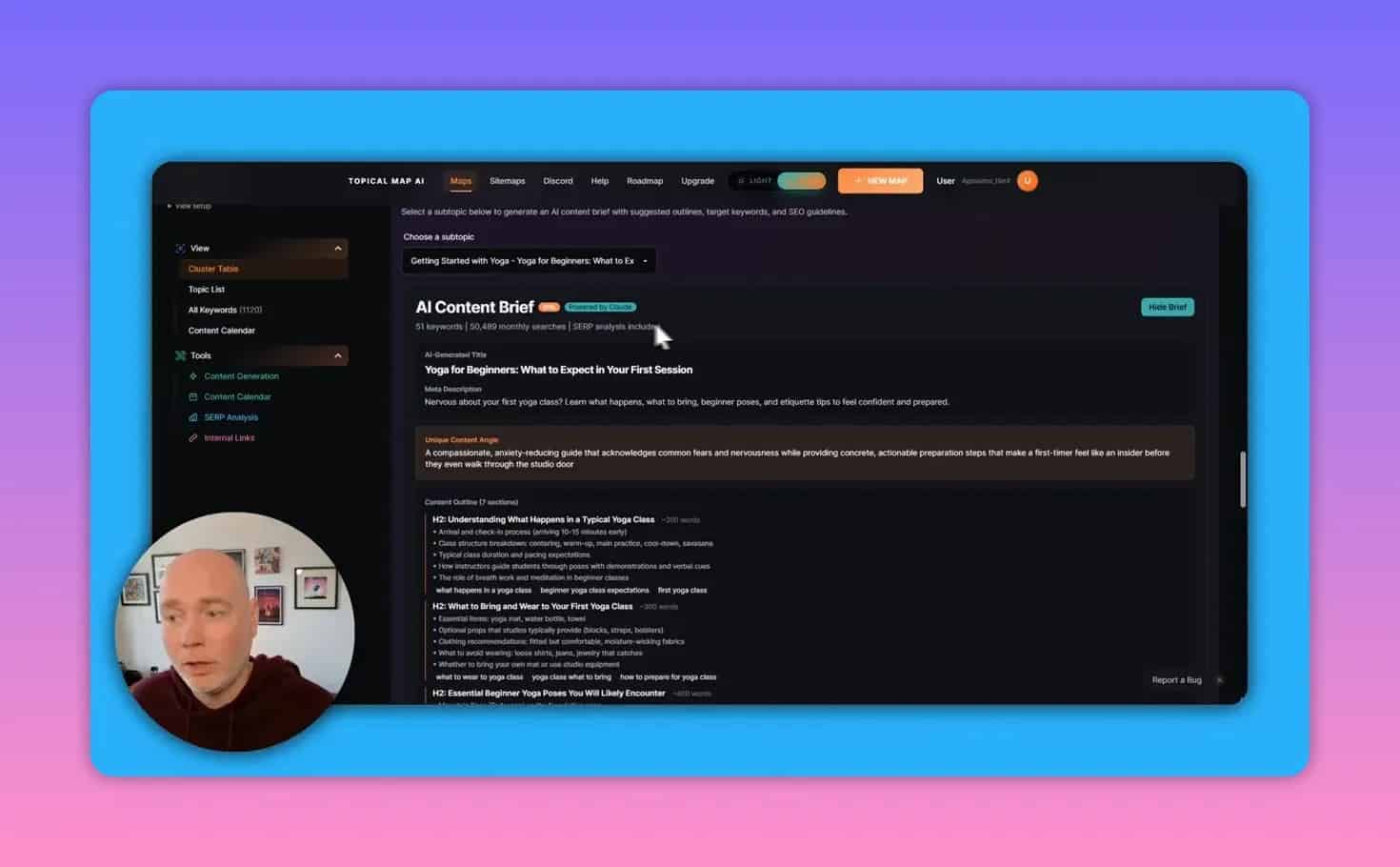 TopicalMaps.ai AI Content Brief showing AI-generated title, meta description, unique content angle, and content outline