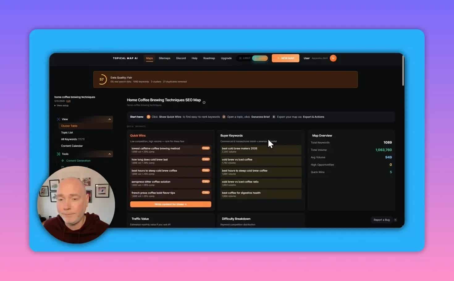 TopicalMaps.ai quick wins dashboard showing keyword opportunities, buyer keywords, and map overview
