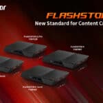 Four models of Asustor FLASHSTOR storage devices are shown against a red and black background with the text "New Standard for Content Creation.