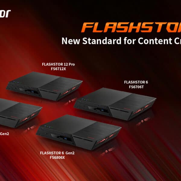 Four models of Asustor FLASHSTOR storage devices are shown against a red and black background with the text "New Standard for Content Creation.