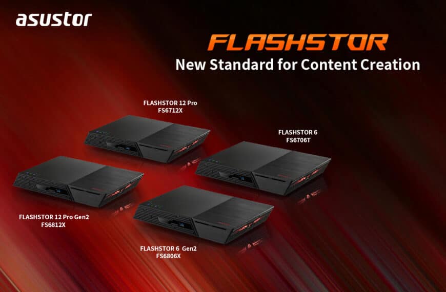 Four models of Asustor FLASHSTOR storage devices are shown against a red and black background with the text "New Standard for Content Creation.