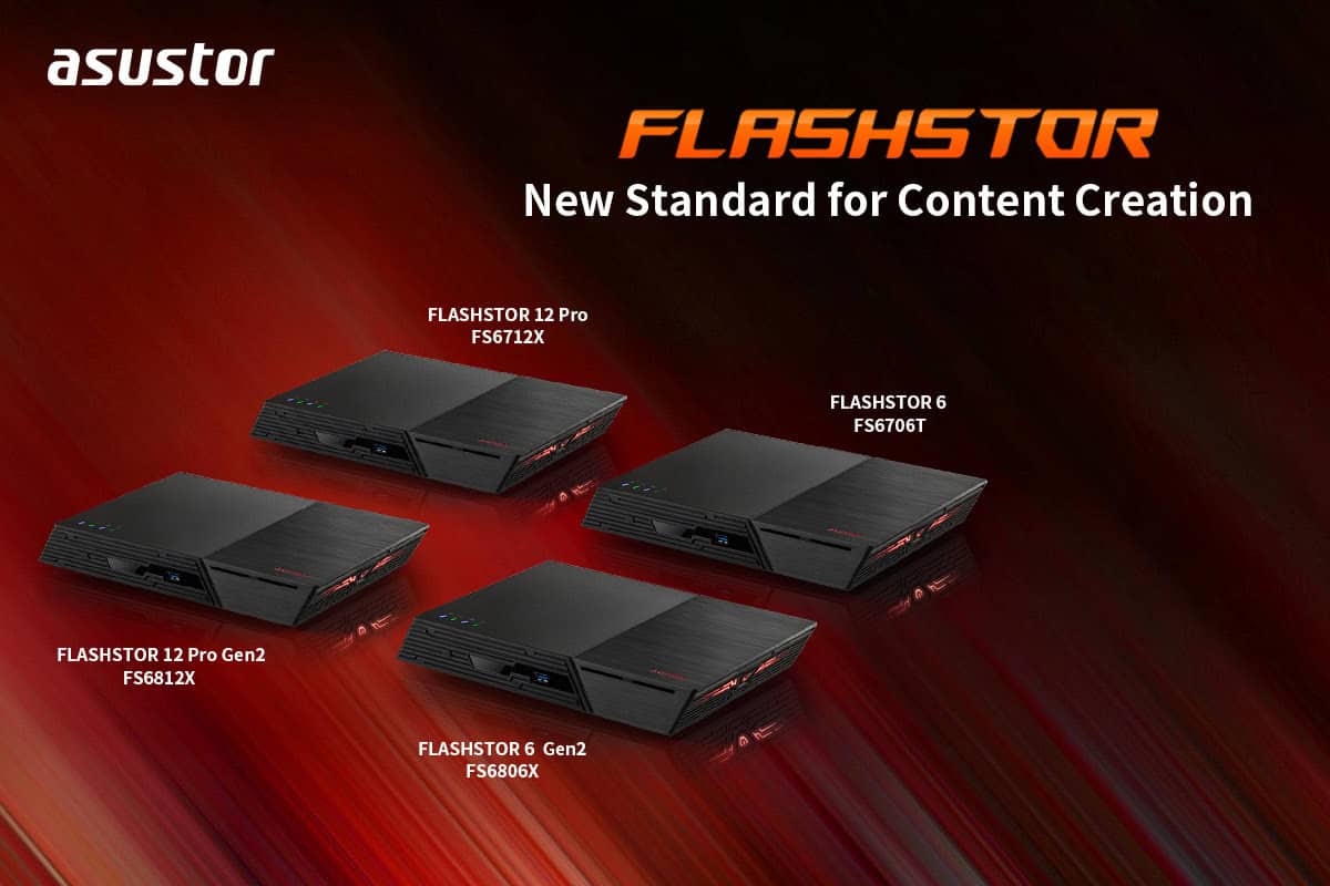 Four models of Asustor FLASHSTOR storage devices are shown against a red and black background with the text "New Standard for Content Creation.