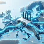 A digital illustration of a European map with connected data centres, network lines, and security icons representing cyber security and data connectivity across the continent.