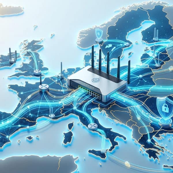 A digital illustration of a European map with connected data centres, network lines, and security icons representing cyber security and data connectivity across the continent.