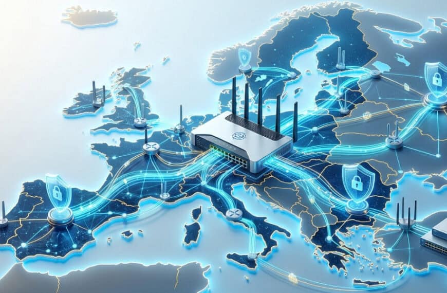 A digital illustration of a European map with connected data centres, network lines, and security icons representing cyber security and data connectivity across the continent.