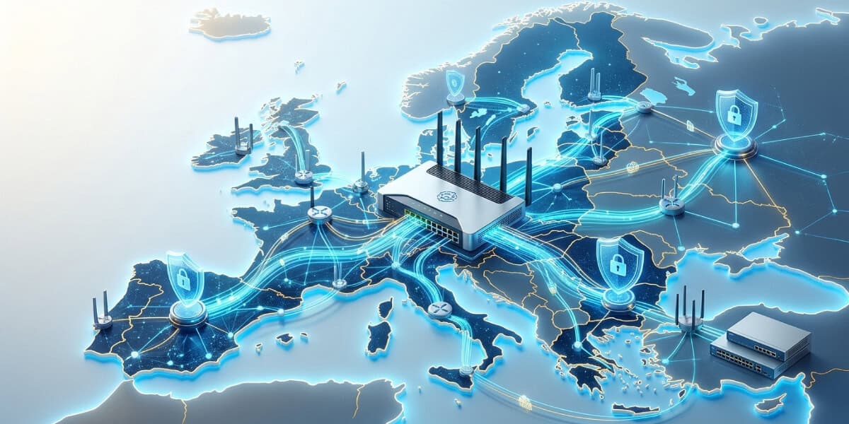 A digital illustration of a European map with connected data centres, network lines, and security icons representing cyber security and data connectivity across the continent.