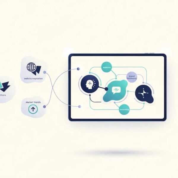 Illustration of an AI branding strategy workflow with connected nodes and panels representing inputs that feed into a brand positioning mind-map, with no text.