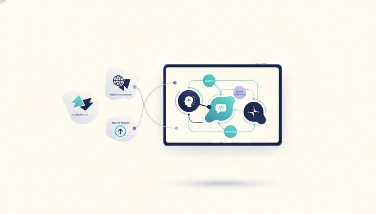 Illustration of an AI branding strategy workflow with connected nodes and panels representing inputs that feed into a brand positioning mind-map, with no text.
