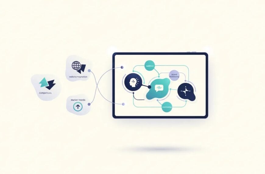 Illustration of an AI branding strategy workflow with connected nodes and panels representing inputs that feed into a brand positioning mind-map, with no text.